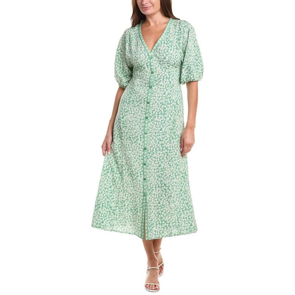 Max Studio Womens Puff Sleeve V-Neck Maxi Dress, Green